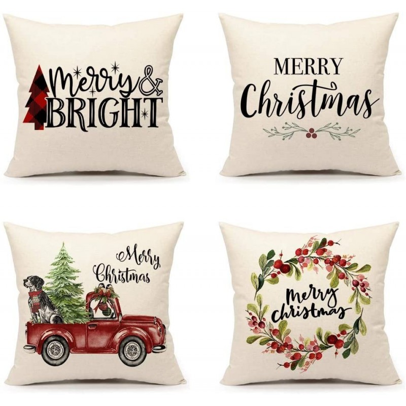 Joyshare Christmas Throw Pillow Covers 18x18 inch 4 Sets Xmas Decorations Pillow Cushion Covers Home Decorative Pillowcase for Couch Sofa Bed Breathable Linen with Hidden Zipper